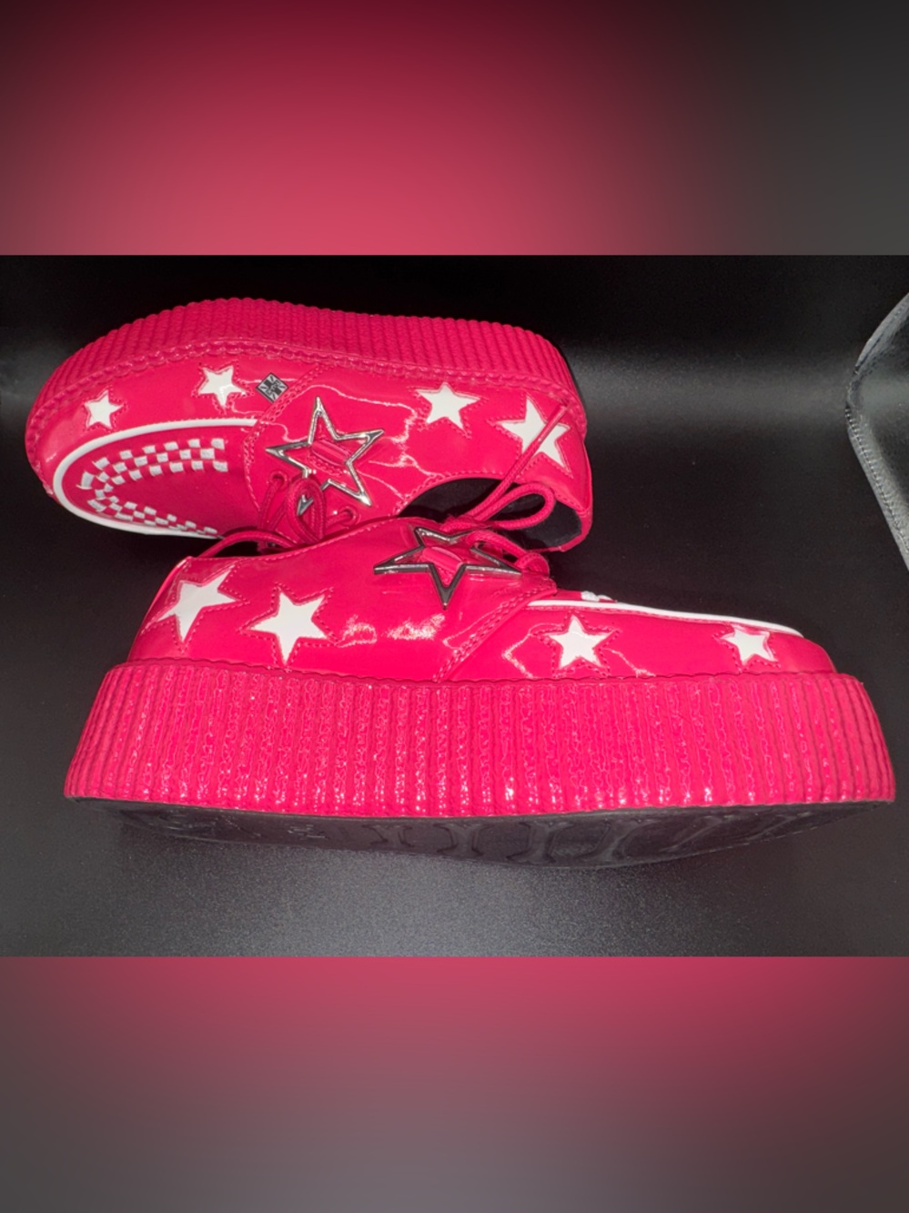 SOLD. T.U.K. Hot Pink Creepers Size 7 Patent Leather Platform - Picture 3 of 17